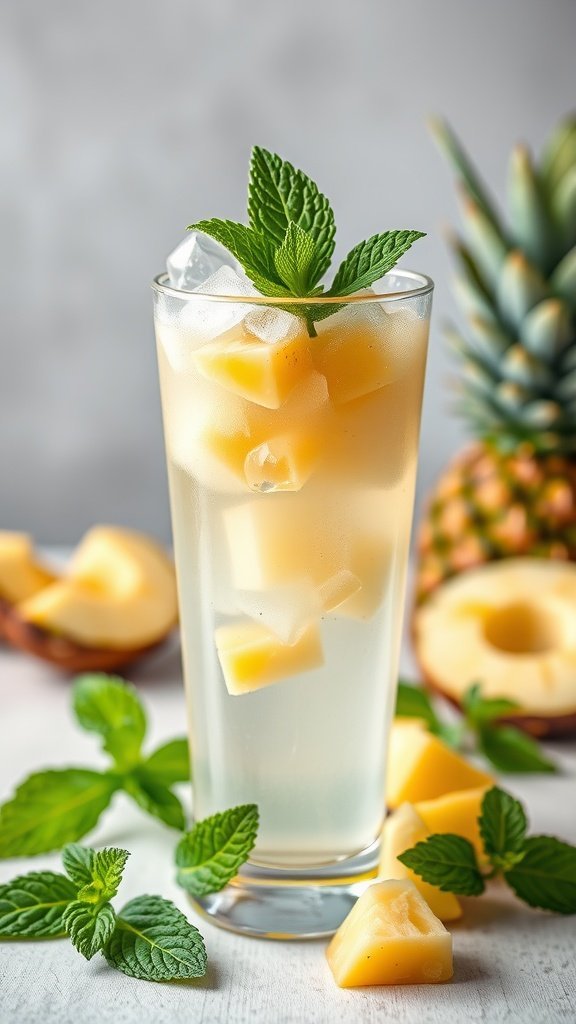 A refreshing Pineapple Coconut Mojito with mint and pineapple chunks