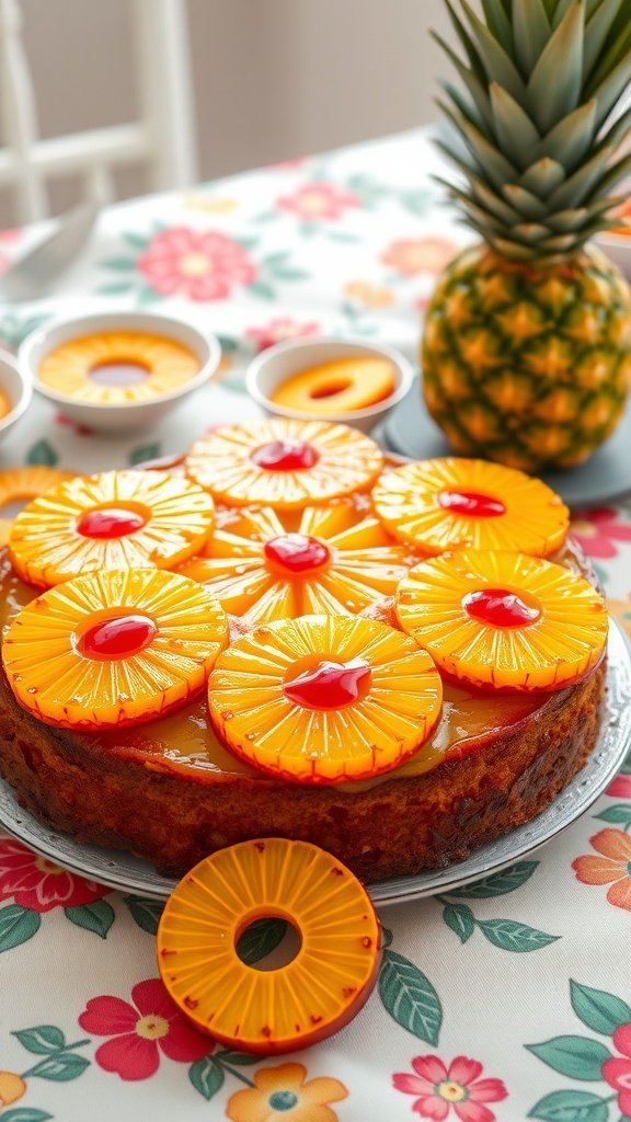 A colorful pineapple upside-down cake decorated with pineapple slices and cherries, set on a floral tablecloth.