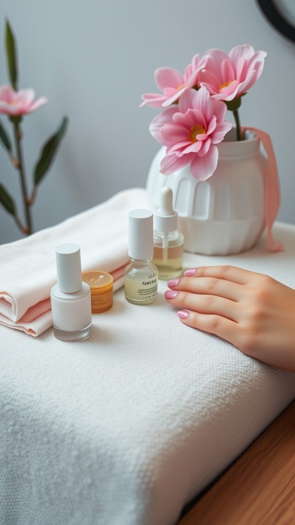 A hand with pink nails resting on a white cloth, surrounded by various nail polish bottles and flowers.