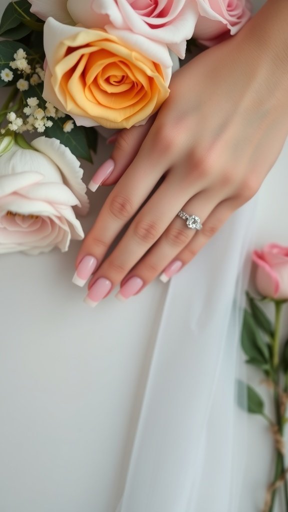 A hand with pink nails resting on a bouquet of roses.