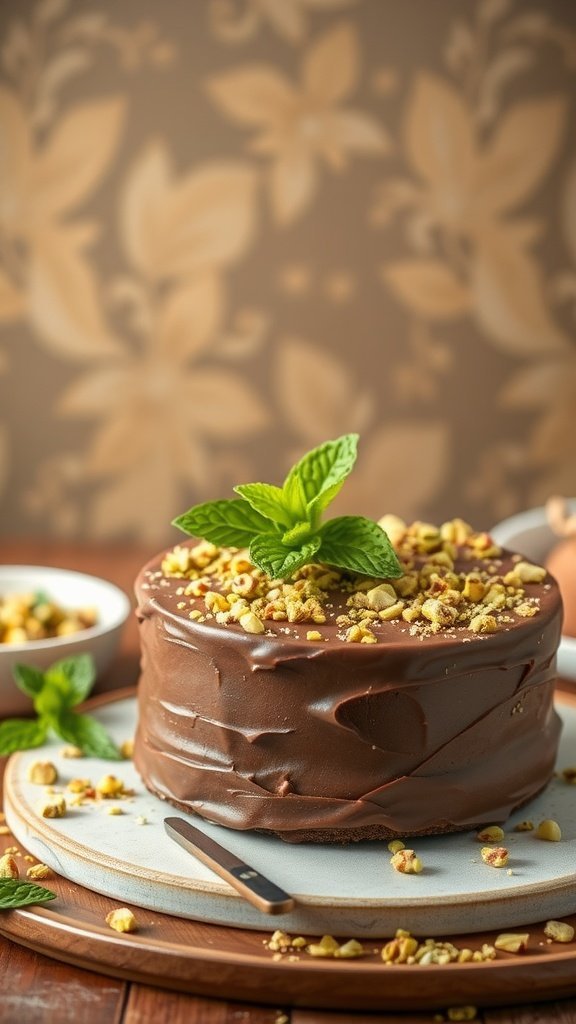 A beautifully decorated pistachio chocolate cake topped with crushed pistachios and a sprig of mint.
