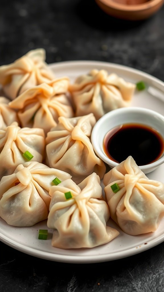 A plate of pork and chive dumplings with a small dish of soy sauce.