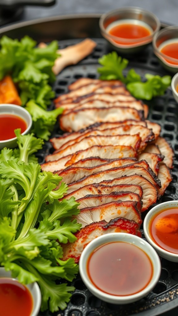 Grilled pork belly slices served with fresh greens and dipping sauces.