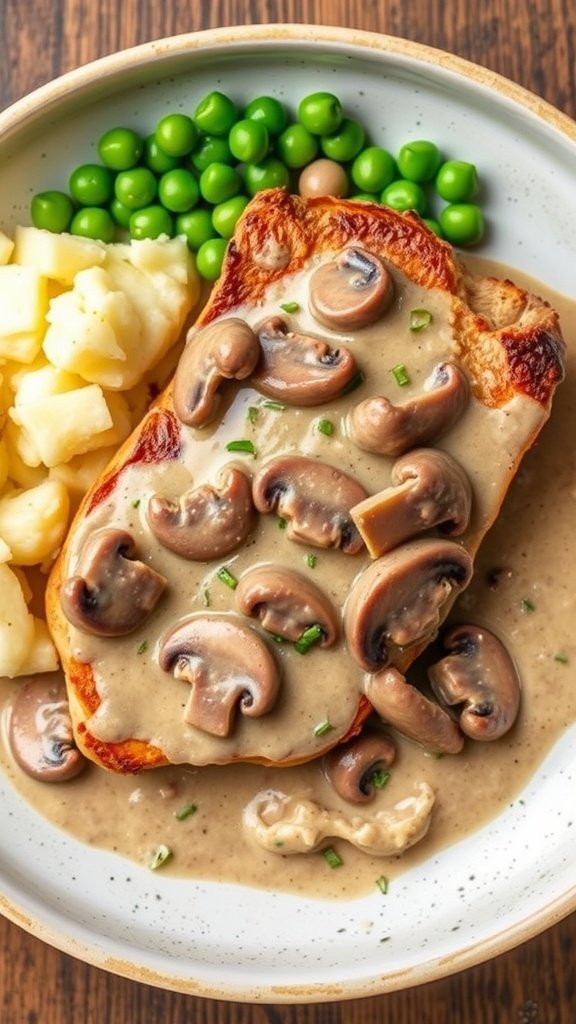 Plate of pork chop with creamy mushroom sauce, mashed potatoes, and green peas.