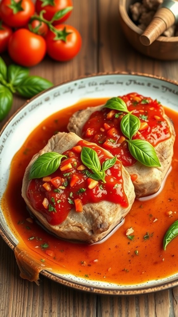 Pork chops topped with tomato basil sauce served on a plate with fresh tomatoes and basil in the background.