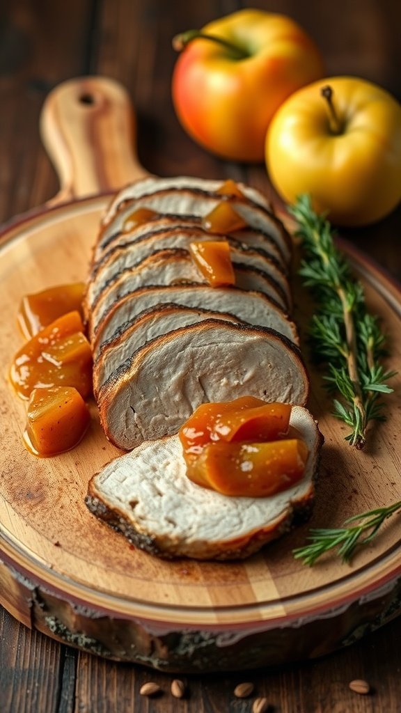 Sliced pork tenderloin topped with apple chutney, accompanied by fresh apples and herbs.