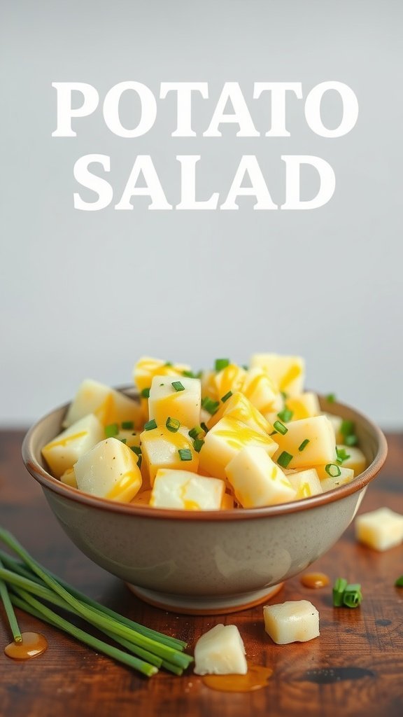 A bowl of potato salad with mustard dressing, topped with chopped chives.