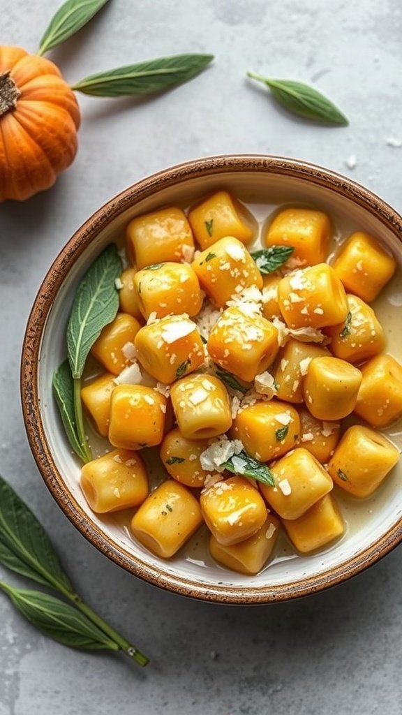Bowl of pumpkin gnocchi with sage cream sauce, garnished with sage leaves and a small pumpkin in the background.