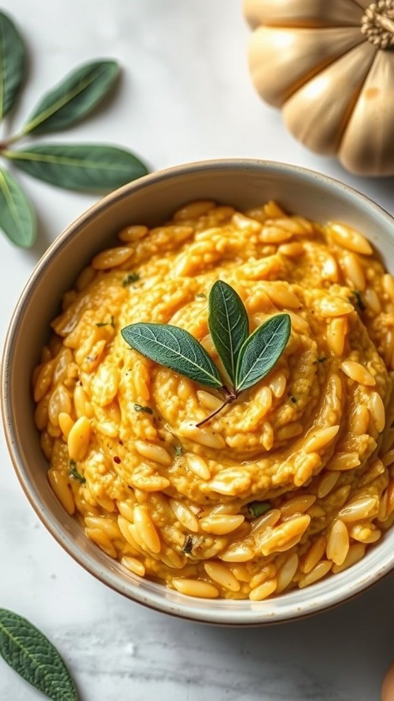 A bowl of creamy pumpkin sage risotto topped with a sprig of sage, with a pumpkin in the background.