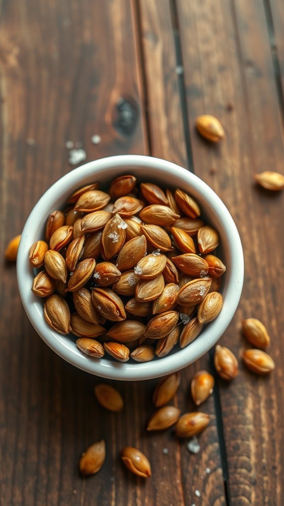 A bowl of roasted pumpkin seeds with sea salt on a wooden table.