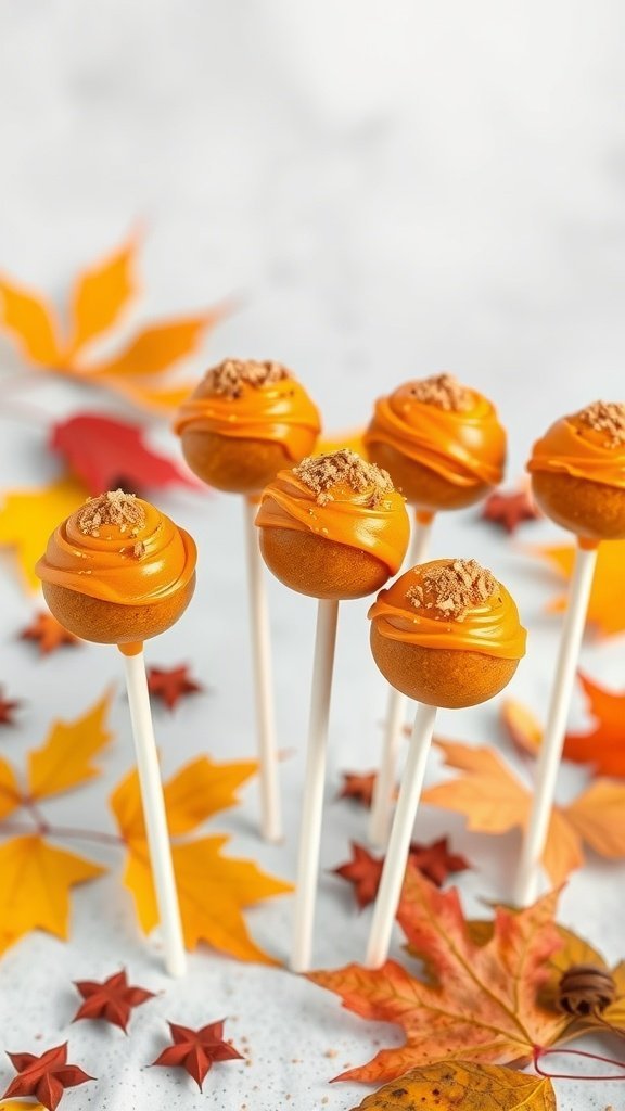 Pumpkin spice cake pops decorated with orange frosting and crumbled topping, surrounded by autumn leaves and star anise.