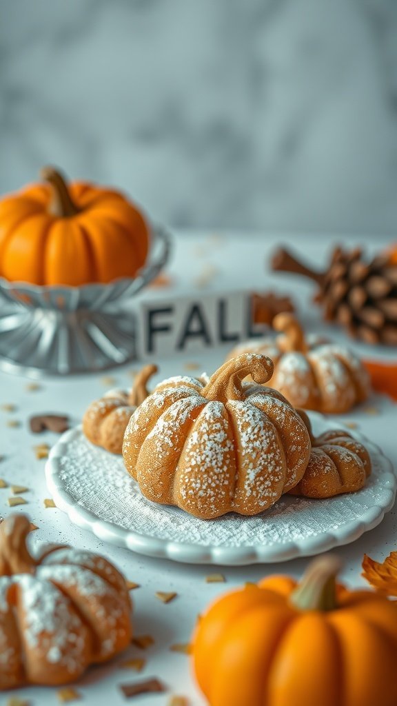 A plate of pumpkin spice cookies shaped like pumpkins, surrounded by small pumpkins and autumn decorations.