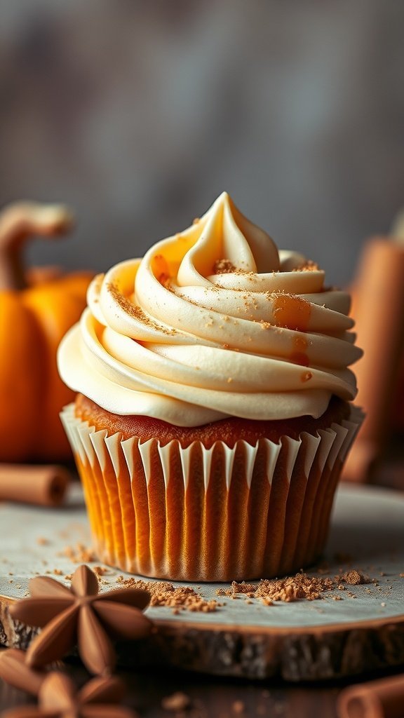 A delicious pumpkin spice cupcake topped with maple frosting and sprinkled with cinnamon, surrounded by pumpkin decorations.