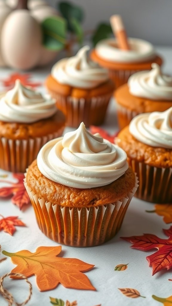 Pumpkin spice muffins with cream cheese frosting arranged on a table decorated with autumn leaves.