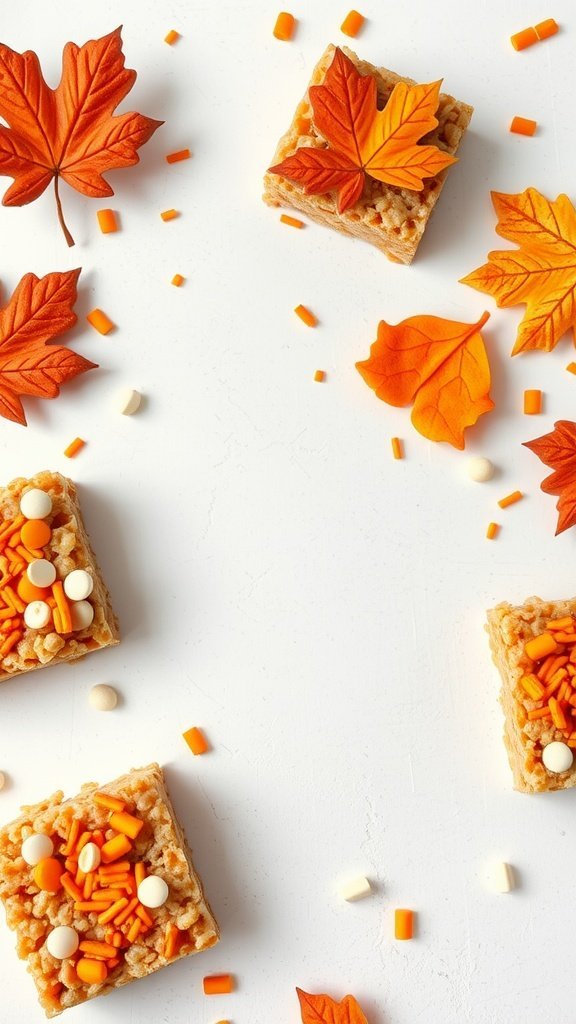 Pumpkin Spice Rice Krispie Treats with autumn leaves and sprinkles