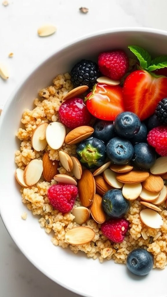A delicious quinoa breakfast bowl topped with fresh berries and almonds.