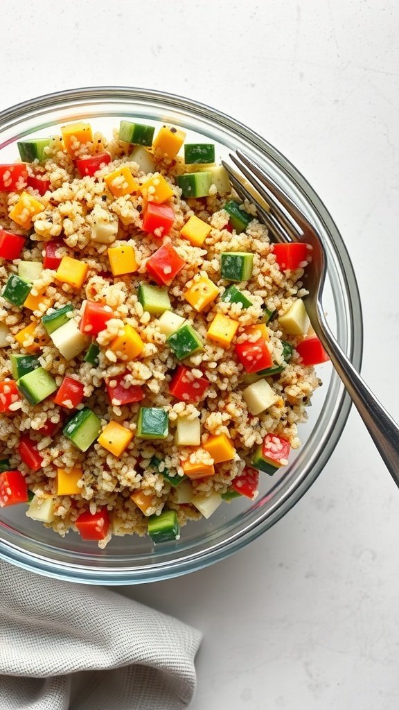 A bowl of quinoa salad with diced peppers, cucumbers, and herbs