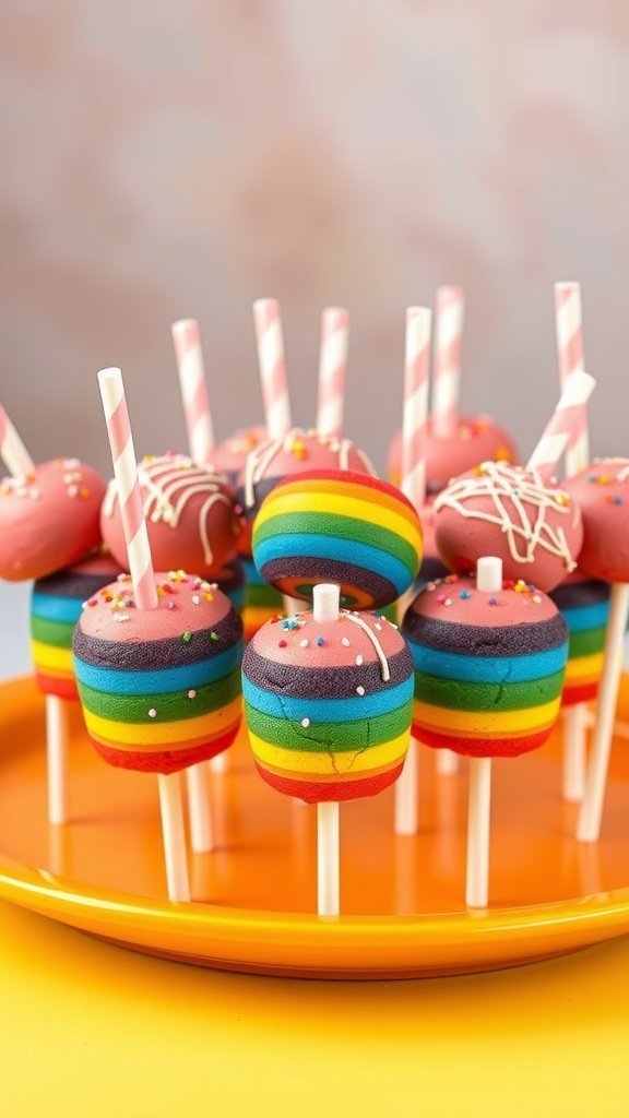 Colorful rainbow cake pops on a bright orange plate, featuring layers of rainbow colors and topped with sprinkles.