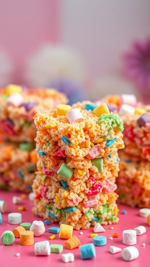 Colorful Rice Krispie treats stacked on a pink background with mini marshmallows and sprinkles scattered around.