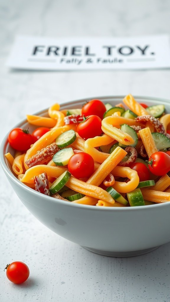 A colorful bowl of rainbow pasta salad with cherry tomatoes, cucumbers, and various shapes of pasta.