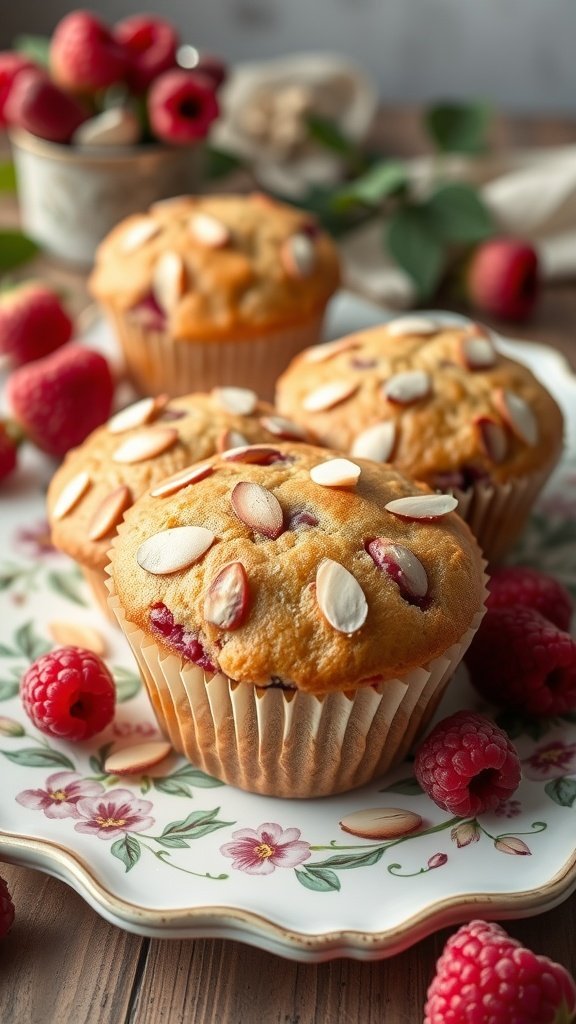 Three raspberry almond muffins topped with sliced almonds on a floral plate, surrounded by fresh raspberries.