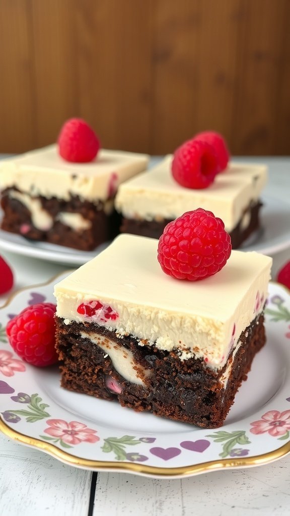 Delicious Raspberry Cheesecake Brownies topped with fresh raspberries on a decorative plate.