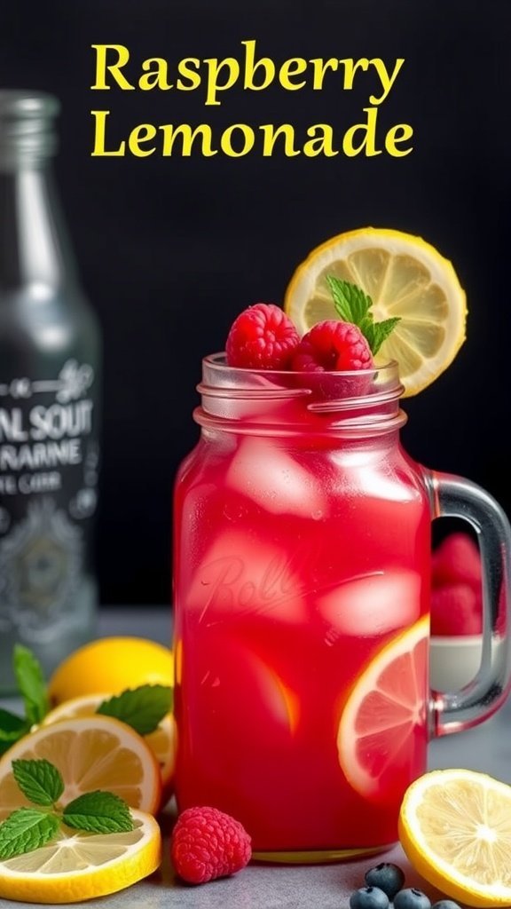 A refreshing Raspberry Lemonade Cooler in a glass jar, garnished with lemon slices, raspberries, and mint leaves.