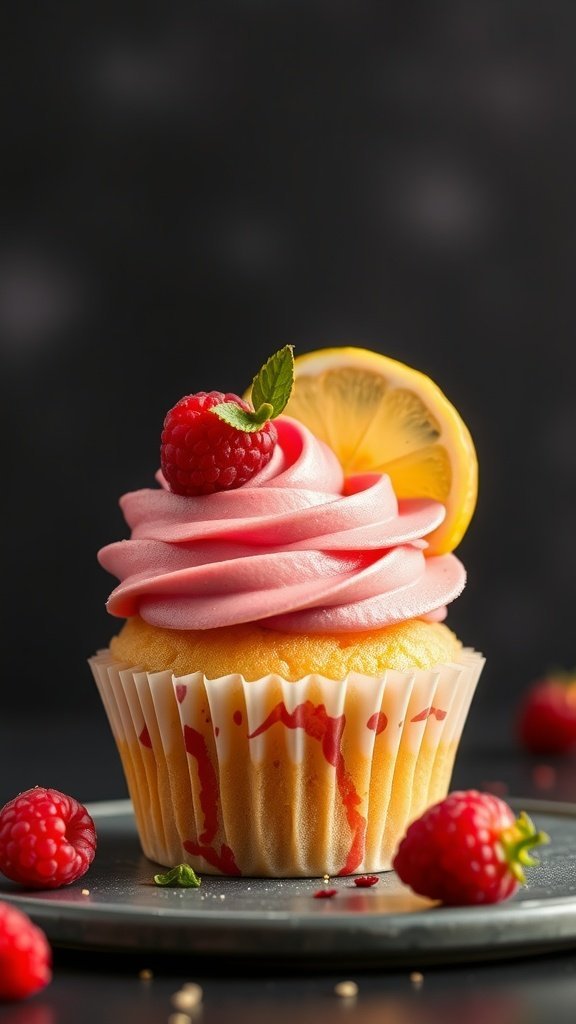 A Raspberry Lemonade Cupcake with pink frosting, topped with a fresh raspberry and a slice of lemon