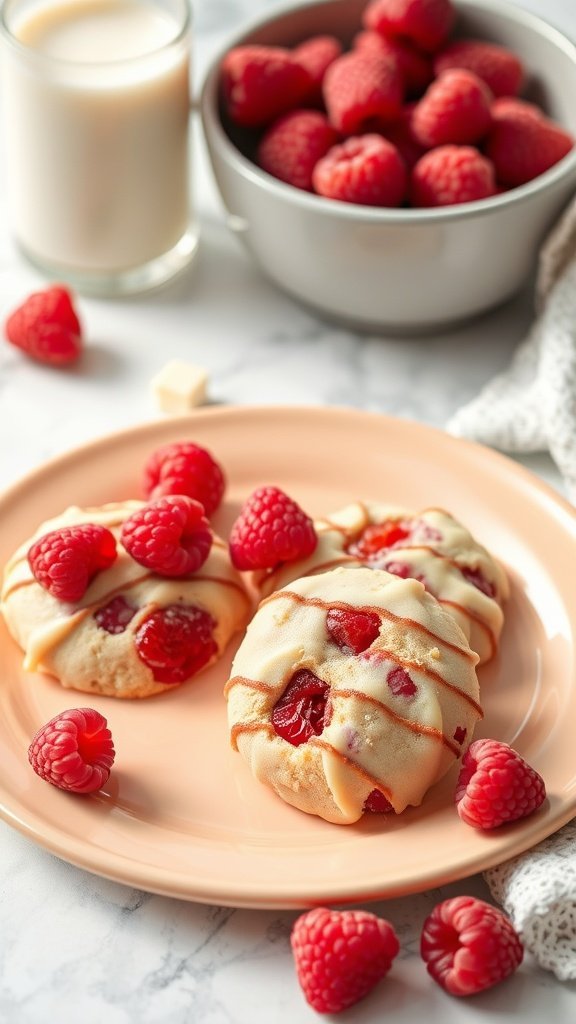 Plate of raspberry white chocolate cookies with fresh raspberries and a glass of milk.