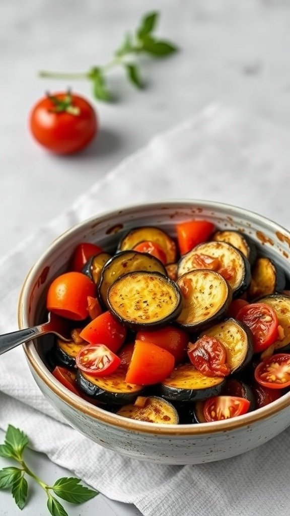 A bowl of ratatouille with zucchini, tomatoes, and eggplant, garnished with fresh herbs.