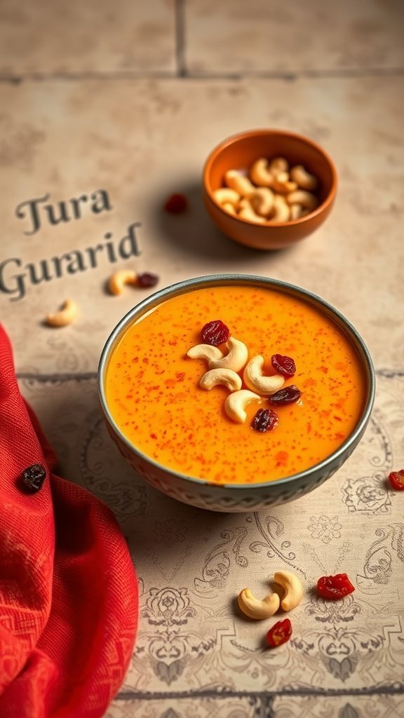 A bowl of Rawa Kesari, a sweet semolina dessert, garnished with cashews and dried fruits, with a red cloth and patterned background.