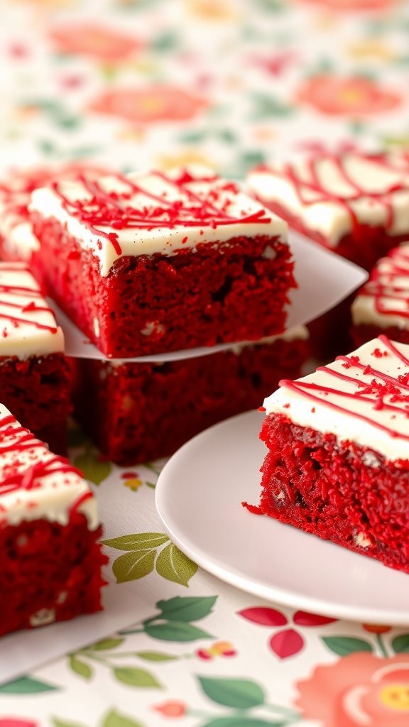 Delicious red velvet brownies with cream cheese frosting and red sprinkles on a floral tablecloth.
