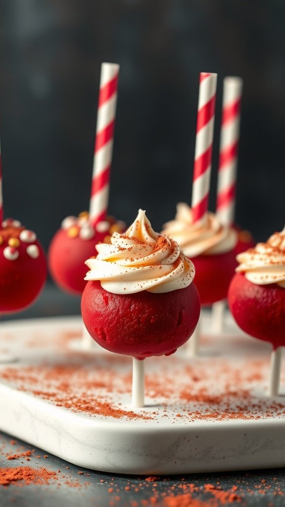 Red velvet cake pops with cream cheese frosting on a marble platter.