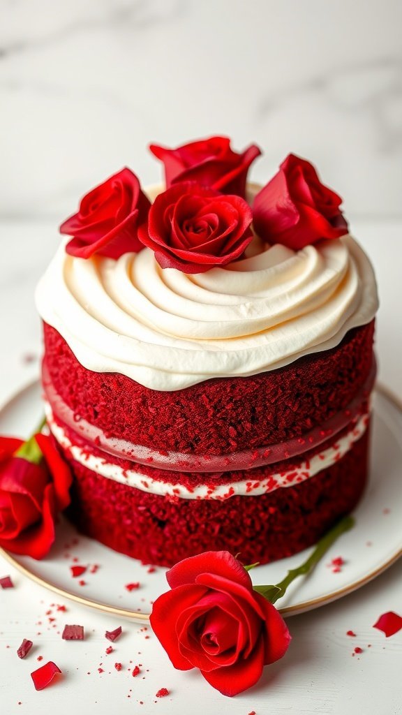 A beautiful red velvet cake topped with cream cheese frosting and decorated with red roses.