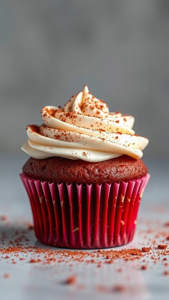 A red velvet cupcake topped with creamy frosting and sprinkled with red crumbs