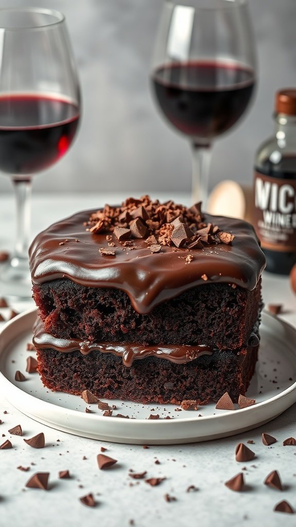 A delicious red wine chocolate cake with a glossy chocolate ganache and chocolate shavings on top, served alongside glasses of red wine.