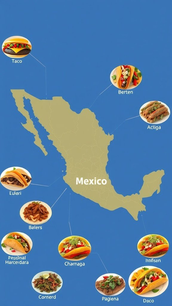 Map of Mexico showing different types of tacos from various regions