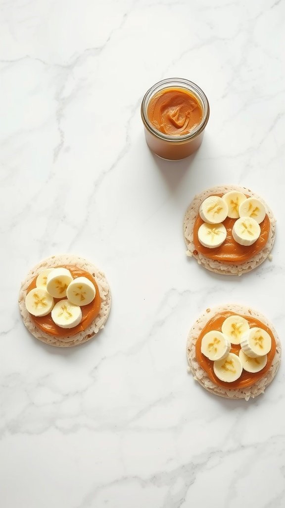 Rice cakes topped with nut butter and sliced bananas on a marble surface