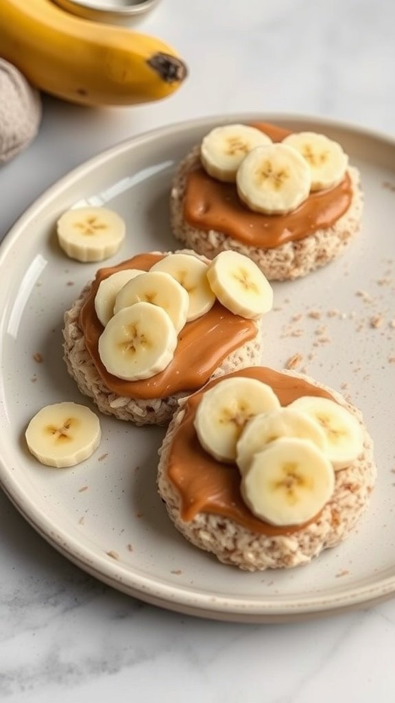 Rice cakes topped with nut butter and banana slices on a plate