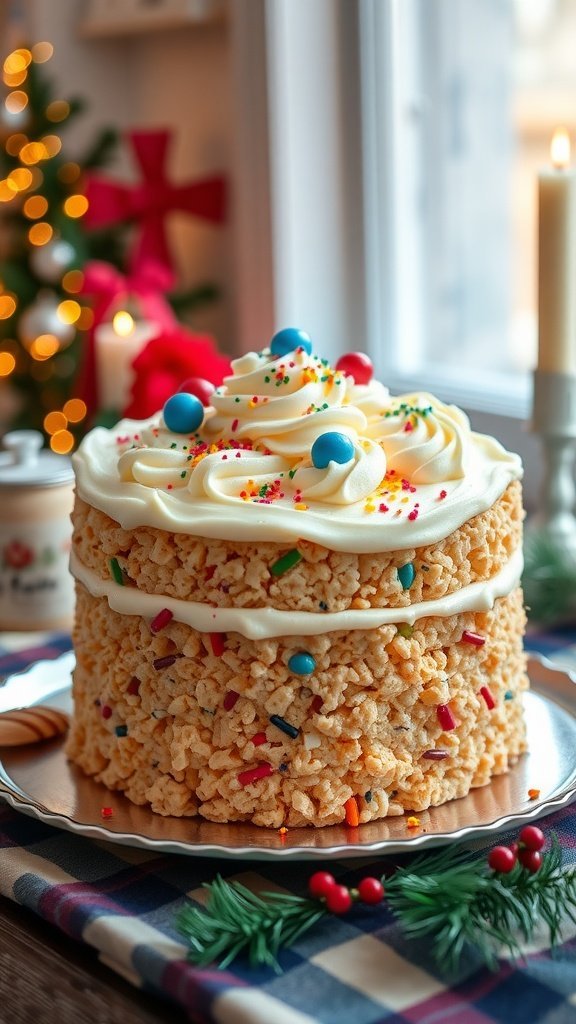 A beautifully decorated Rice Krispie Treats Cake topped with frosting and colorful sprinkles.