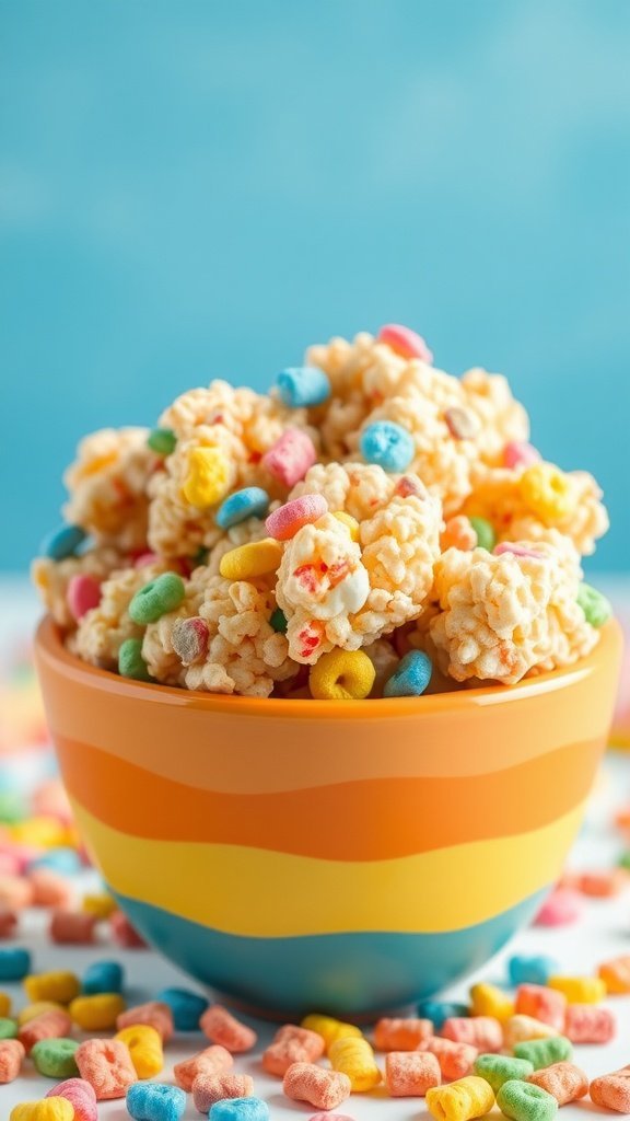 A vibrant bowl filled with Rice Krispie Treats mixed with Fruity Pebbles on a blue background.