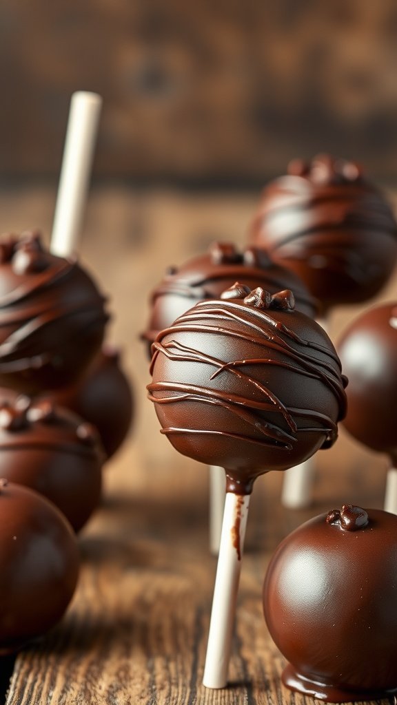 Delicious rich chocolate cake pops with a shiny coating and chocolate drizzle.