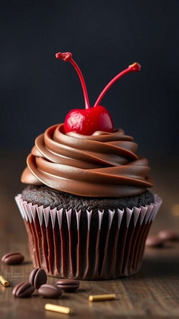 A rich chocolate cupcake topped with smooth chocolate frosting and a single cherry on top.