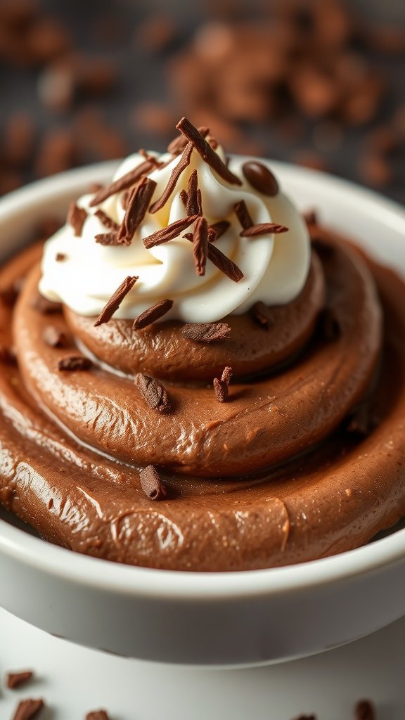 A close-up of rich chocolate mousse topped with whipped cream and chocolate shavings in a white bowl.
