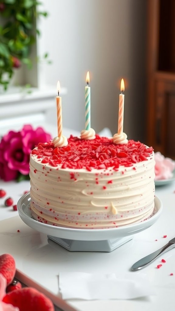 A beautifully decorated red velvet birthday cake with cream cheese frosting and three candles on top.