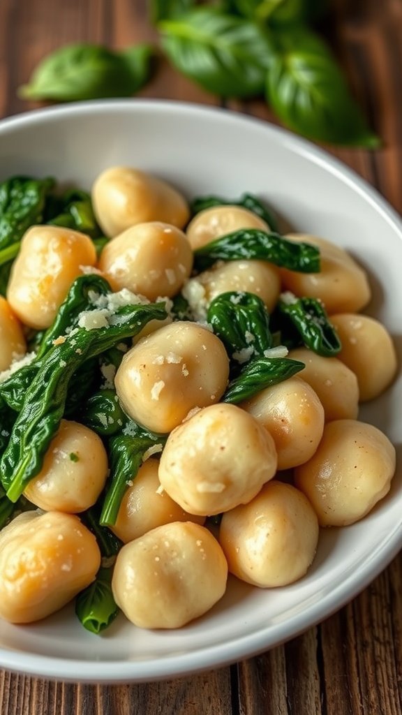 A bowl of ricotta gnocchi with spinach and Parmesan cheese on a wooden table.
