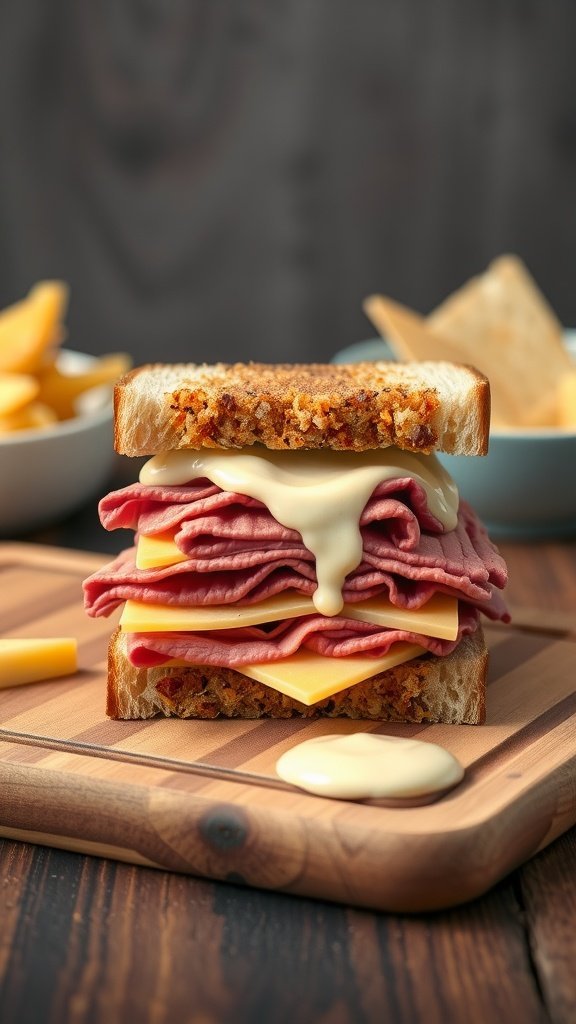 A close-up of a roast beef and cheddar sandwich stacked with layers of meat and cheese, served on a wooden platter.