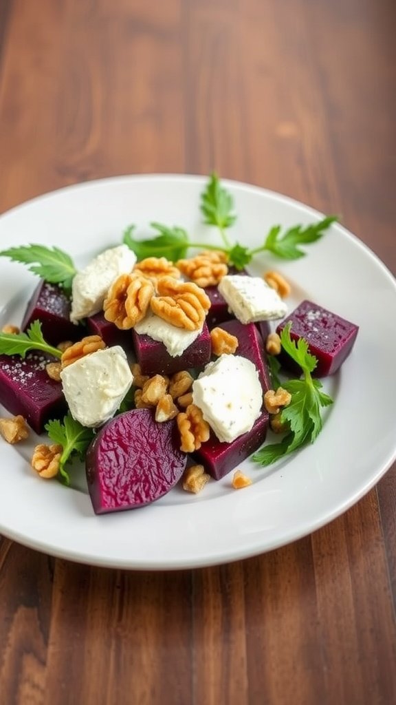 A plate of roasted beet salad with goat cheese, walnuts, and fresh herbs on a wooden table.