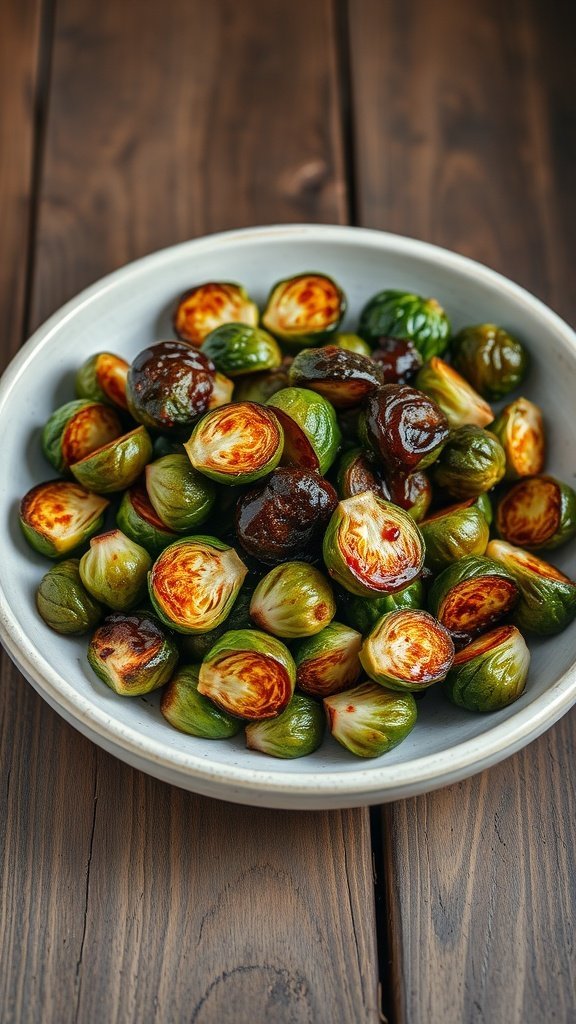 A bowl of roasted Brussels sprouts with a balsamic glaze, served on a wooden table.