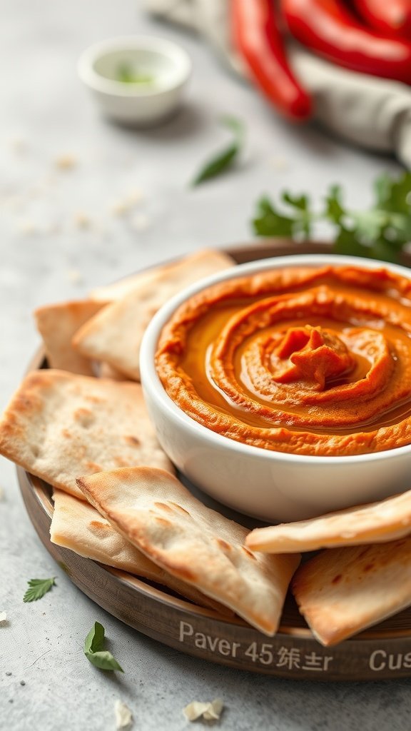 A bowl of roasted red pepper hummus with pita chips and herbs
